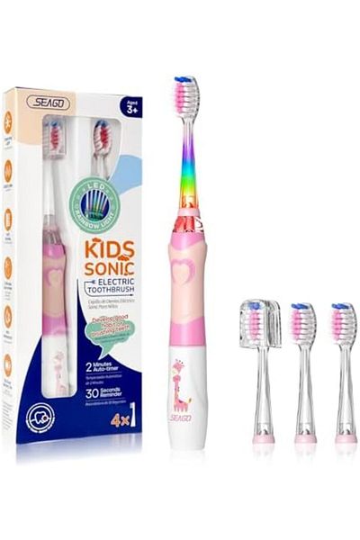 seago SEAGO Kids Electric Toothbrush with 2 Mins Brushing Timer and 4 Replacement Brush Heads, Rainbow LED