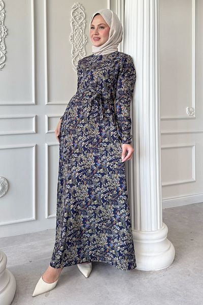 InStyle Φόρεμα Κίτρινης Ανθούσσας Σατέν Ναυτικού Blue