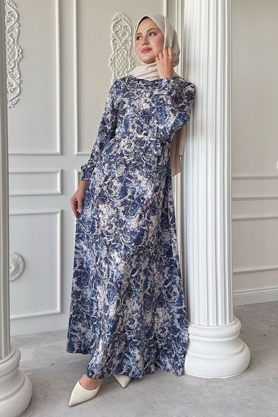 InStyle Φόρεμα Sarmaşık Flora Desen Σατέν Μπλε