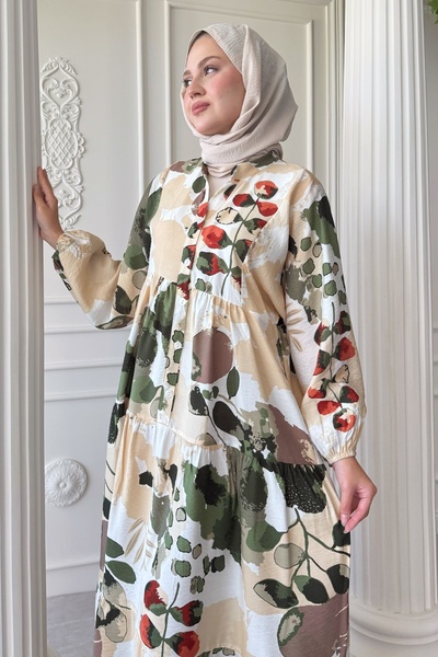 InStyle Buğulu Pastel Desen Yeşil Mango Elbise
