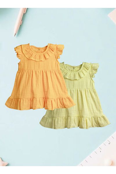 luay 100% Linen Baby Frock, with Frills, Cute and Trendy Summer Dress for Babies (Pack of 2) 9-12 M