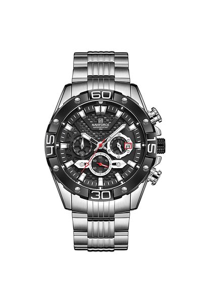Naviforce Stainless Steel Black Dial Mens Chronograph Watch with Luminous Hands Date Display and Waterproof