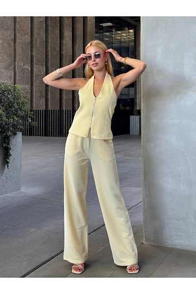 hazelin Women's Yellow Striped Front Zipper Blouse Pants Double Suit Hzl25S-Zk13691