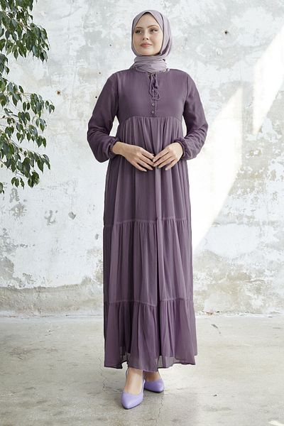 InStyle Φόρεμα Yoryo μωβ σιφόν με κορδόνια στο γιακά