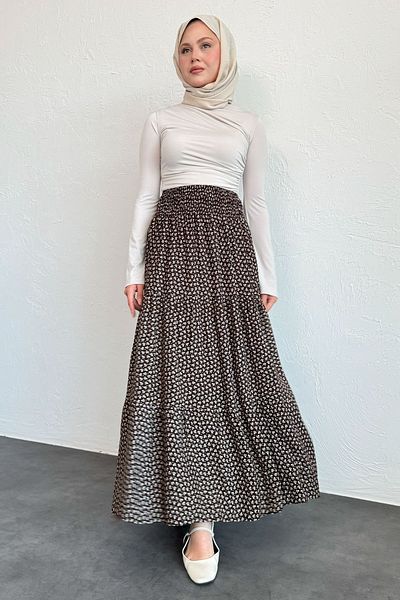 InStyle Floral Viscose Bitter Brown Skirt with Elastic Waist