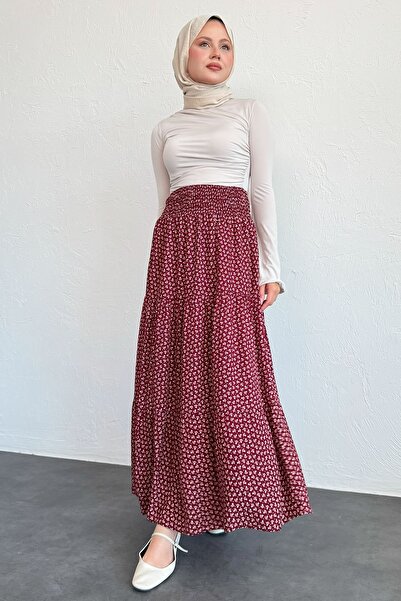 InStyle Floral Elastic Waist Viscose Burgundy Skirt