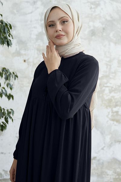 InStyle Φόρεμα Yoryo Dark Navy Blue Chiffon με κορδόνια στο γιακά