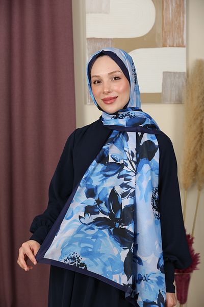 aldyoo Șal de tendință din bumbac cu modele florale, albastru bleumarin, albastru gheață