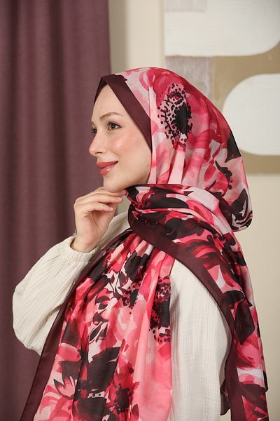 aldyoo Șal de tendință din bumbac cu modele florale Burgundy