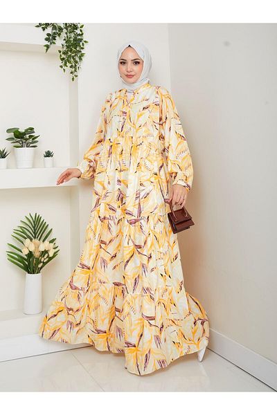 HARMAN BUTİK Women's Buttoned Patterned Modal Yellow Dress