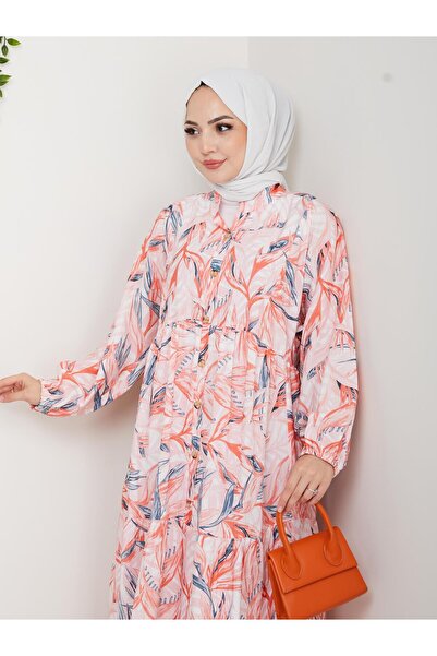 HARMAN BUTİK Γυναικείο φούξια φόρεμα με μοτίβο με κουμπιά