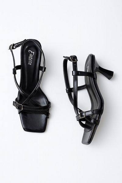 Elvessa Women's Black Patent Leather 5 cm Thin Heels Cross Strap Buckle Detailed Stylish & Comfortable