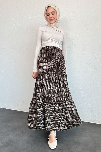 InStyle Floral Viscose Bitter Brown Skirt with Elastic Waist