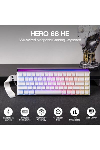 Epomaker لوحة مفاتيح الألعاب المغناطيسية السلكية Aula Hero68 HE (منارة بيضاء)