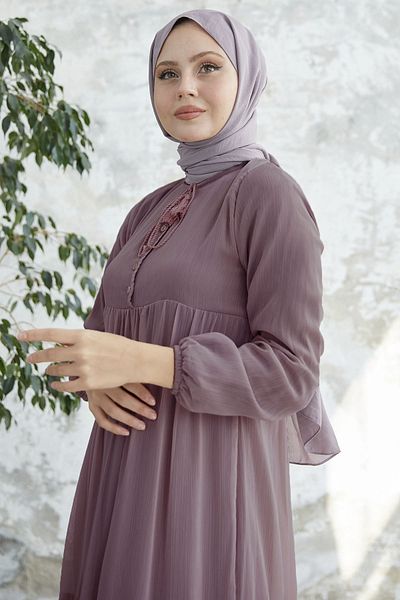 InStyle Φόρεμα Yoryo Dusty Rose σιφόν με κορδόνια στο γιακά