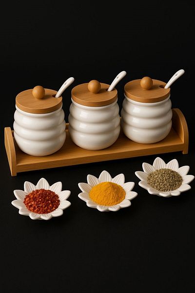 morponi Set of 3 Porcelain Spice Rack with Bamboo Stand and Spoon