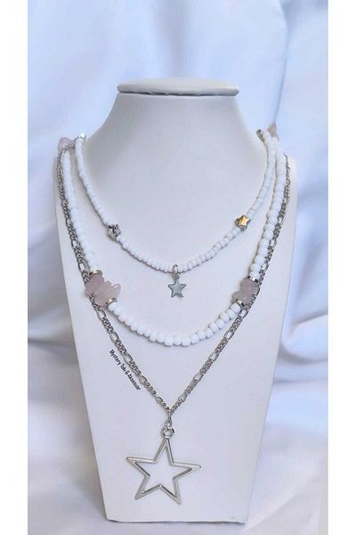 MYSTERY TAKI AKSESUAR Natural Stone Star Necklace Silver Triple