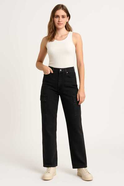 ECK MODA Kadın Kargo Cep Yüksek Bel Palazzo Salaş Kalıp Denim Pantolon