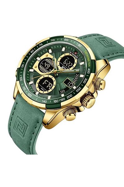 Naviforce Stylish Mens Dual Time Quartz Watch with Green Dial Gold Case Leather Strap Analog Digital Display