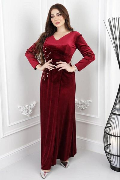 Nice Model Elegant Long Velvet Peacock Embroidered Side Modest Evening Dress Women's Formal Wear Collection