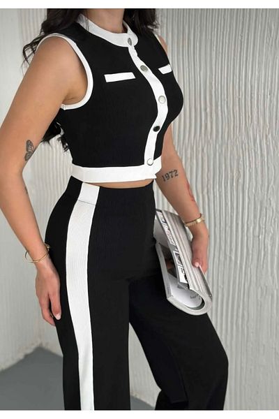 Tumtum Wear Black Garnish Stripe Detail Zero Sleeve Crop Pants Women's Bottom Top Set