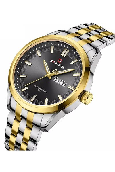 Naviforce Stylish Mens Quartz Watch with Black Dial Two Tone Stainless Steel Strap Analog Display