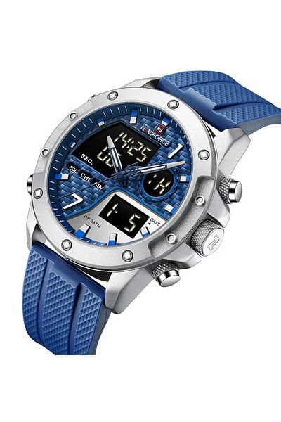 Naviforce Mens Blue Dial Silver Case Blue Rubber Strap Watch Analog Digital Quartz Waterproof Chronograph
