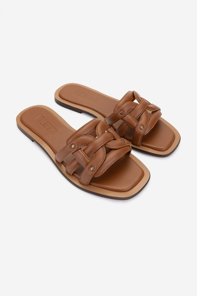 Valmenti Women's Genuine Leather Tan Flat Slippers