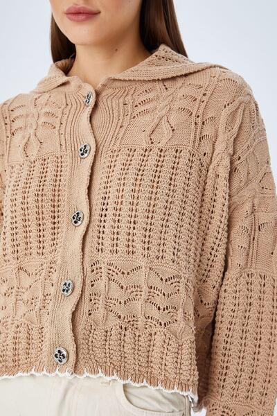 Mixray 6861 Women's Openwork Hem Colored Knitwear Cardigan Mink