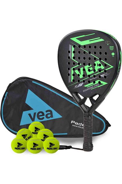 VEA Diamond Pro Padel Racket with 2 Tubes of Balls – Carbon Fiber Racquet, EVA Core, 6 High-Bounce