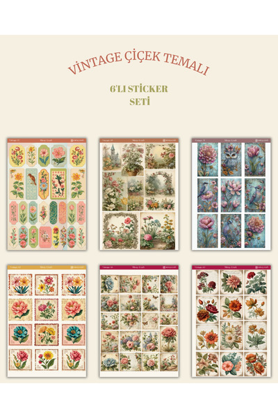 MirayDesign 6’lı Vintage Çiçek Temalı Sticker Seti –12x17 cm| Bullet Journal,...