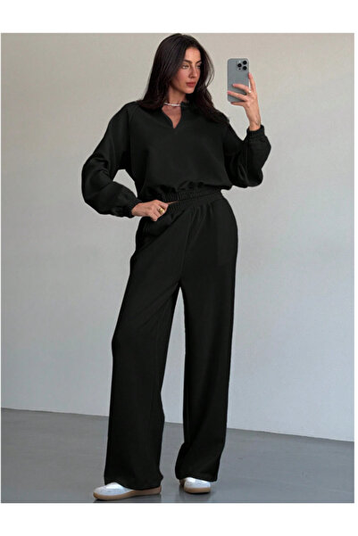 LAUSRA Γυναικείο μαύρο παντελόνι μεγάλου μεγέθους, φαρδιά γραμμή, ελαστικό, ά...