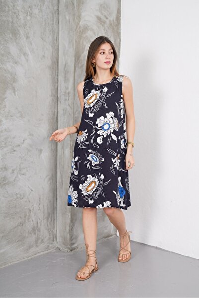 SheLoria Kadın Siyah Floral Desenli Viskon Mini Elbise