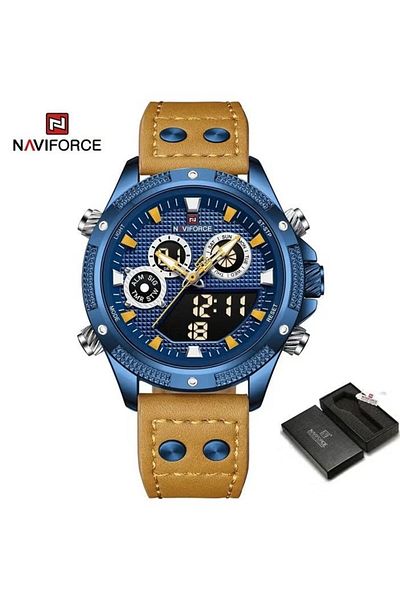 Naviforce Men's Chronograph Digital Analog Sport Watch Blue Dial Leather Strap Waterproof with Alarm