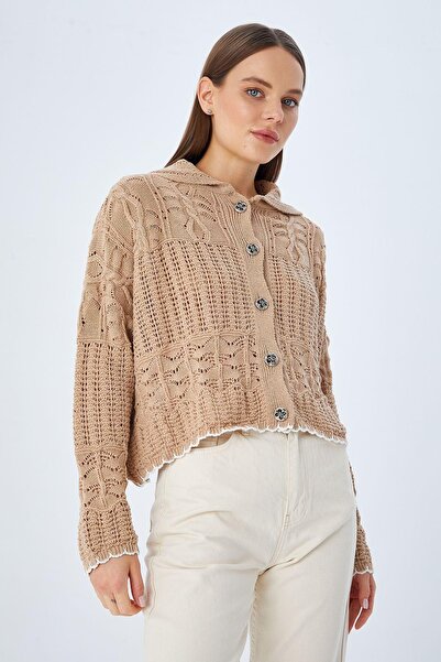 Mixray 6861 Women's Openwork Hem Colored Knitwear Cardigan Mink