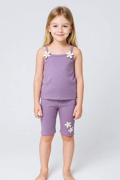 CiciTime Çocuk Modası Girl's Daisy Embroidered Strap Shorts Summer Bottom Top Set
