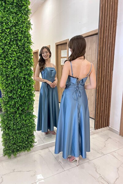 By Saygı Women's Thin Strap Lined Pocket Midi Satin Dress