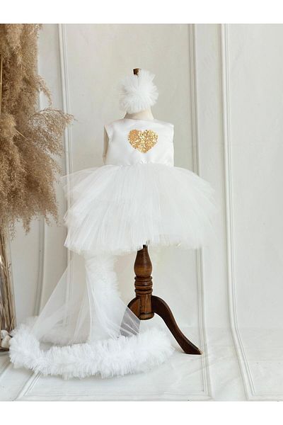 Hobidik Baby Girl Kids Gold Heart Sequined Tutu Φόρεμα γενεθλίων με αφαιρούμενη ουρά