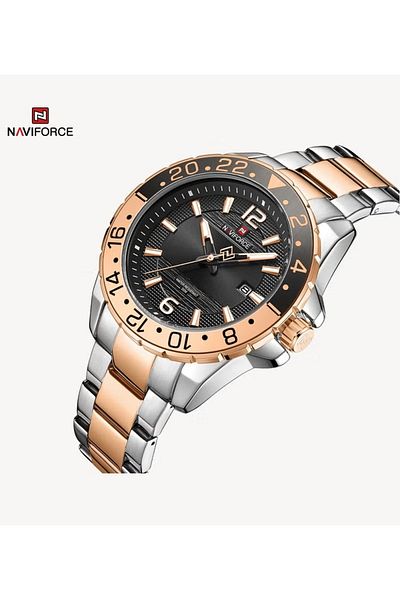 Naviforce Mens Sport Watch Two Tone Stainless Steel Band Analog Quartz Movement Rotating Bezel