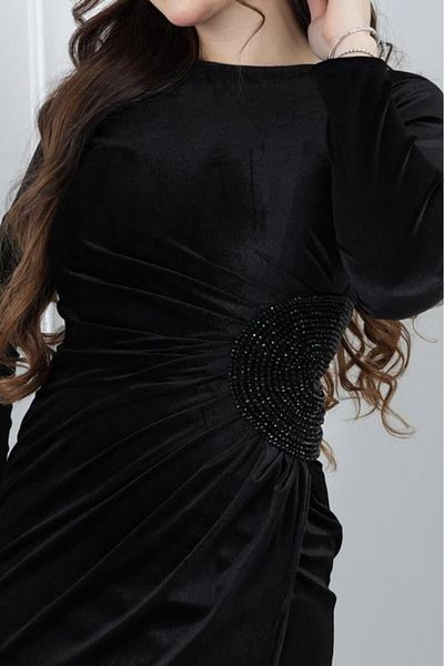 Nice Model Elegant Black Velvet Dress Side Embroidery Long Sleeve Evening Gown Women Fashion Party Wear