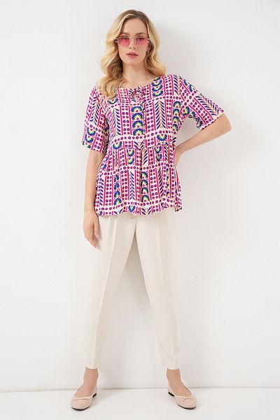 Bigdart Women's Patterned Short Sleeve Blouse 969 - Fuchsia