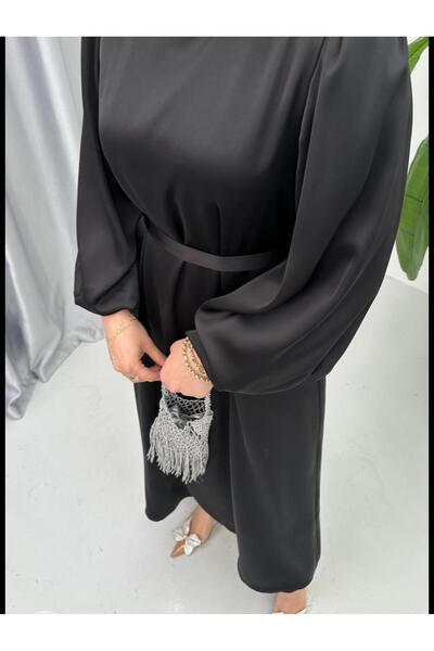 dubai showroom Balon Kol Saten Elbise Siyah