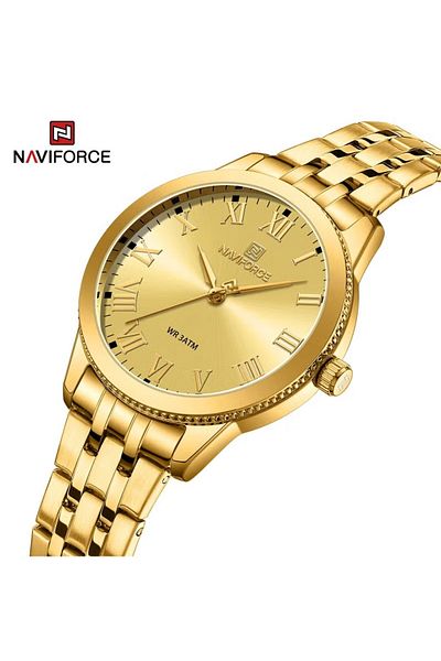 Naviforce Luxury and Timeless Gold Stainless Steel Analog Wrist Watch with Roman Numerals and Elegant Design