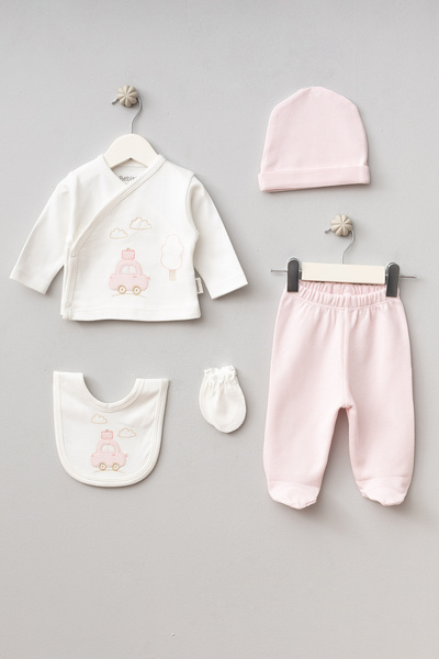 Teddy Pie Cute Cloudy Car Patterned 5 Piece Newborn Hospital Release Bodysuit Set