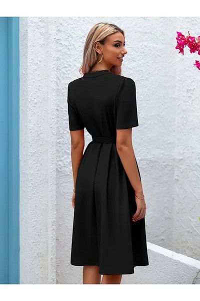 İpeksi Silky Women's Short Sleeve Atlas Dress with Buttons and Belt