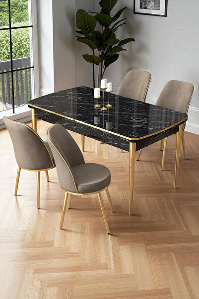 Canisa Nira Serisi 70x114 Mdf Siyah Mermer Desen Mutfak Masa Takımı 4 Cappuci...