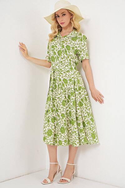Bigdart Kadın Kısa Kol Desenli Elbise 2560 - E.Yeşil