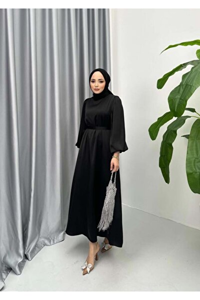 dubai showroom Balon Kol Saten Elbise Siyah