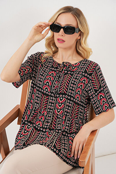 Bigdart Bluză cu mânecă scurtă cu model pentru femei 969 - neagră
