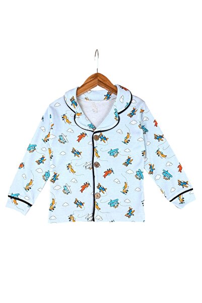 Süpermini %100 PAMUKLU GÖMLEK YAKA UZUN KOLLU MANŞETLİ UÇAK DESENLİ ERKEK ÇOCUK PİJAMA TAKIMI